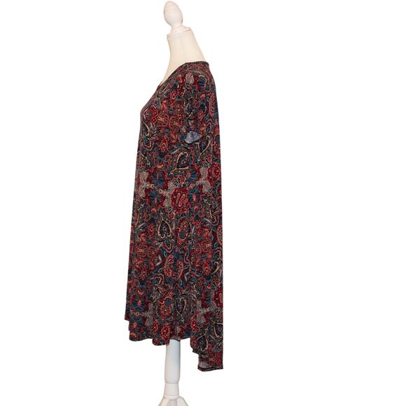 LulaRoe Carly Dress, size S, Paisley Burgundy, Tan & Blue hi-lo hem - Picture 3 of 6